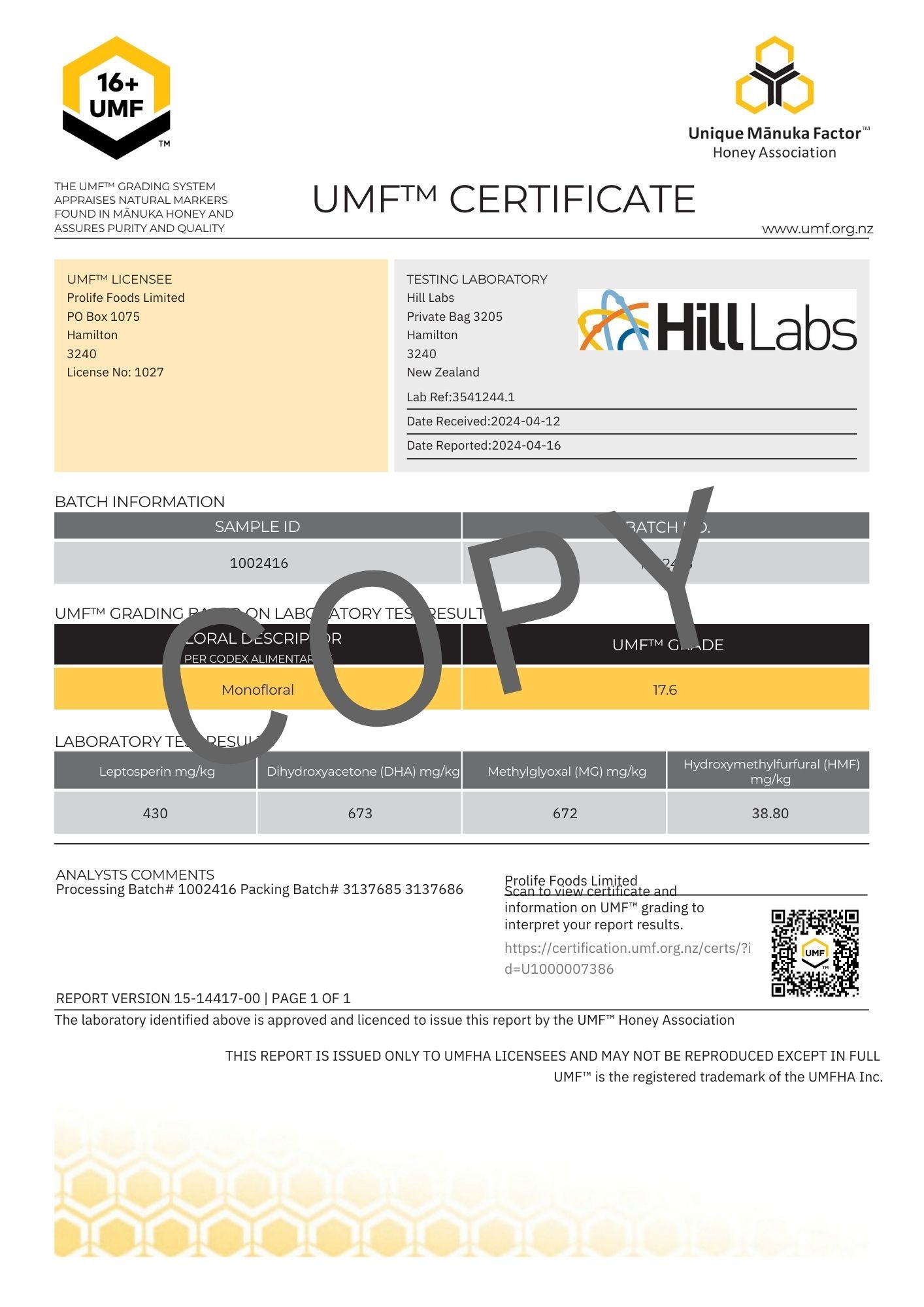 Haddrell's Miód Manuka UMF16+ MGO570+ - certyfikat