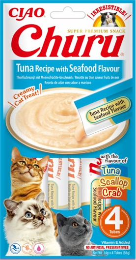 Inaba Cat Churu Puree z tuńczykiem i owocami morza 4x14g