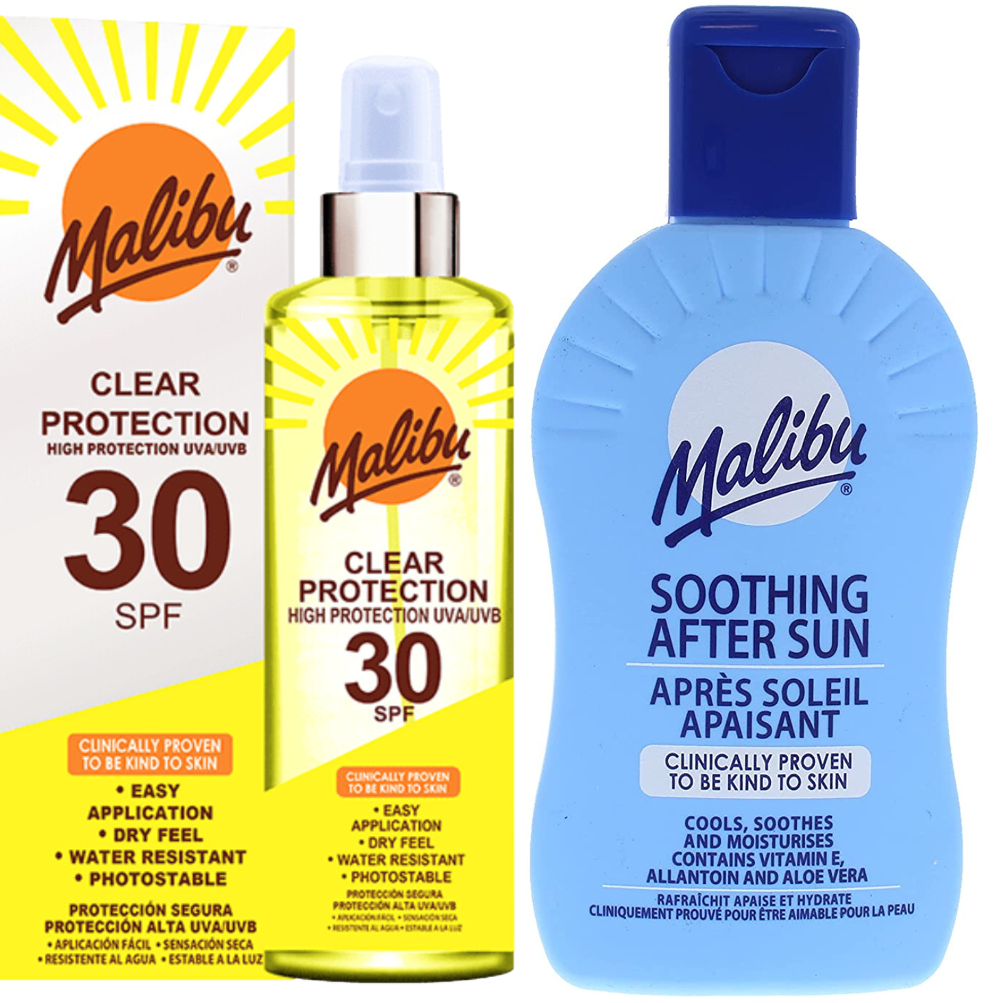 Malibu Bezbarwny Spray Ochronny SPF30 250ml Balsam Po Opalaniu 200ml