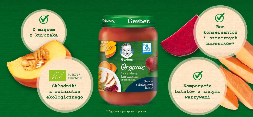 Gerber Organic Bataty Z Dynią Kurczakiem I Buraczkami dla niemowląt Po