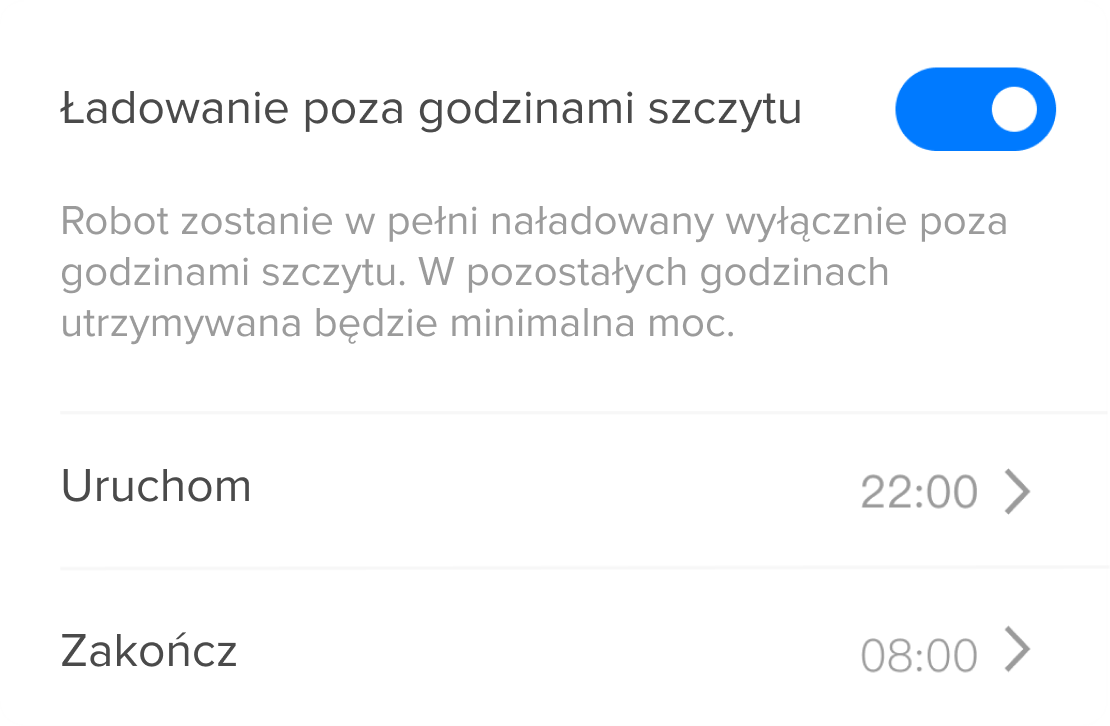 Aplikacja Roborock - ładowanie poza godzinami szczytu