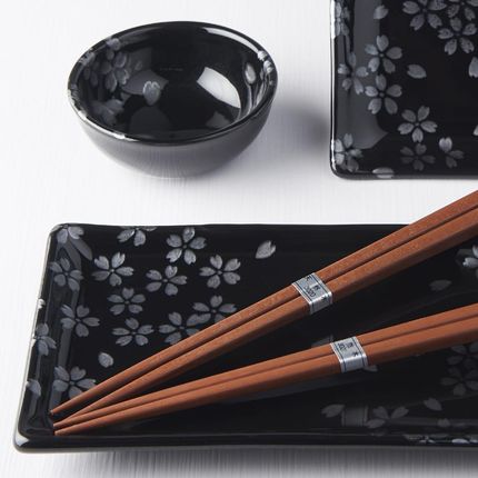 Made In Japan Sakura Czarny Zestaw Do Sushi 2 Miseczki Pałeczki Talerz . - zdjęcie 3