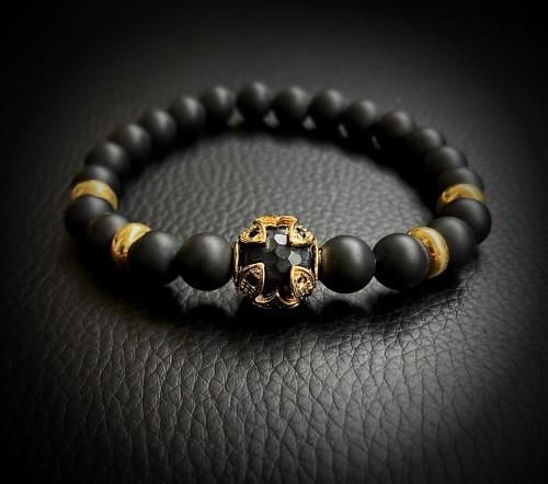 Zdjęcie PUTA ROCA ELEGANCKA MĘSKA BRANSOLETKA ONYKSY OBSYDIAN SREBRO 925 ZŁOTO 24K - Warszawa