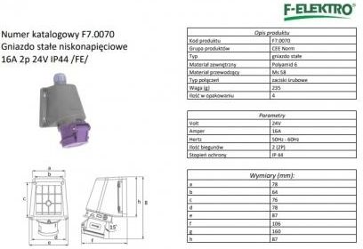 F-Elektro Gniazdo Stałe Niskonapięciowe 16A 2P 24V Ip44 F70070 - zdjęcie 2