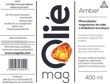 Oliwka magnezowa 32% magnezu AMBER. Z dodatkiem bursztynu bałtyckiego. 400 ml - zdjęcie 2