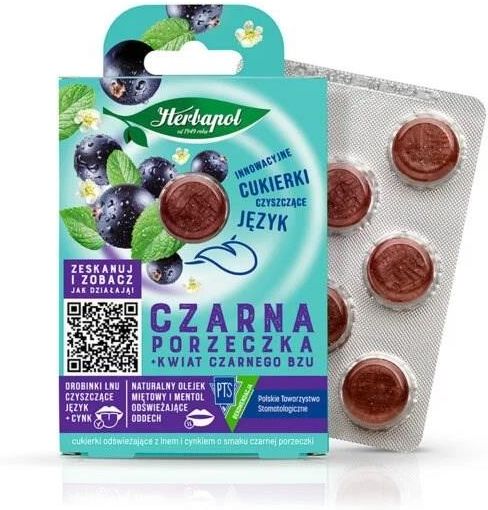 Zdjęcie Herbapol Cukierki czyszczące język o smaku czarnej porzeczki z kwiatem czarnego bzu 20g - Bełchatów
