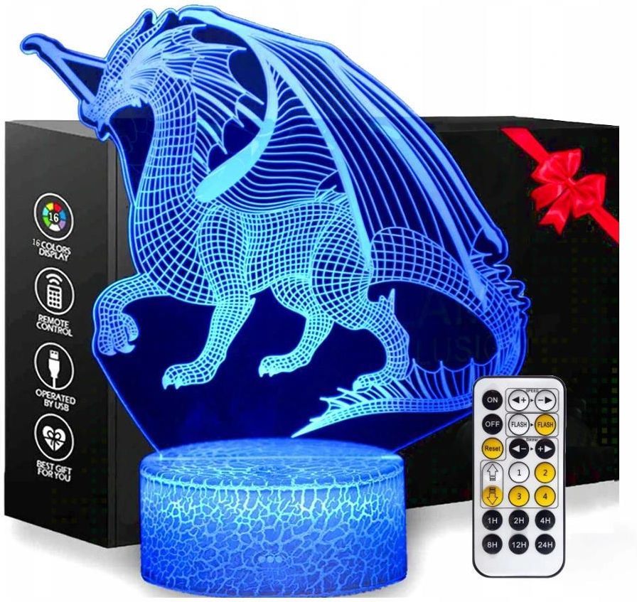 Lampka Nocna 3D Led Dragon Smok Kabel Usb Pilot Ceny I Opinie