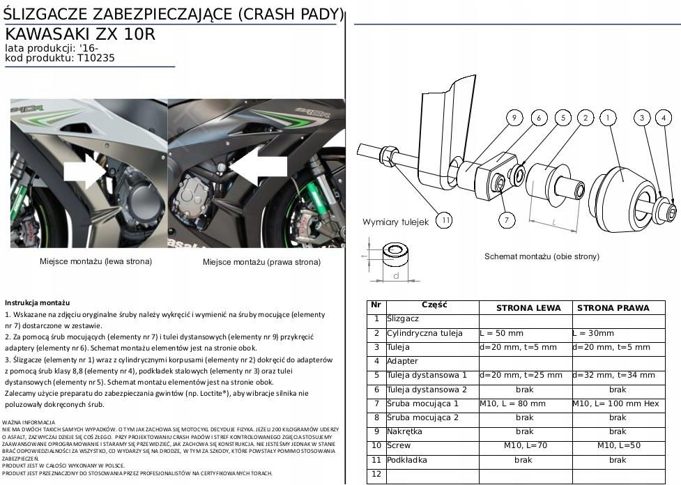 Części motocyklowe Renner Crash Pady Kawasaki Zx 10 16 2X Opinie i