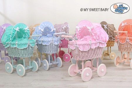 My Sweet Baby Wiklinowy Wózek Dla Lalek Wysoki Z Szarą Pościelką - zdjęcie 3