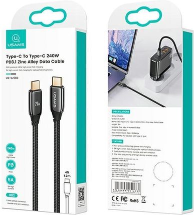 Usams Kabel Pleciony U82 Usb-C Na 1.2M 240W Pd 3.1 Fast Charging Czarny/Black Sj580Usb01 Us-Sj580 - zdjęcie 4