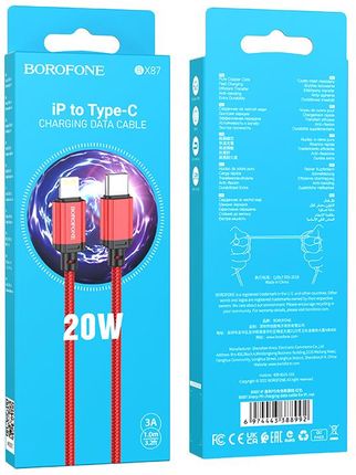 Markowe Borofone Kabel Bx87 Sharp Typ C Na Lightning Pd 20W 1 Metr Czerwony - zdjęcie 4