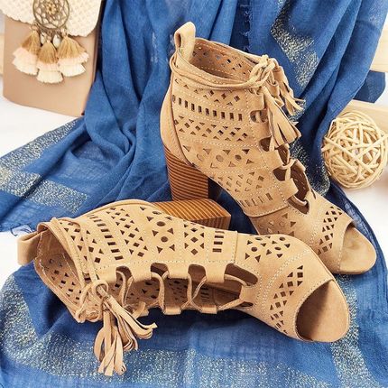 Ażurowe wiązane botki boho Beżowy 39 - zdjęcie 3