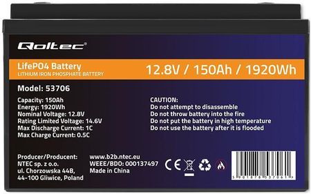 Qoltec Akumulator Lifepo4 128V 150Ah 1920Wh Bms - zdjęcie 2