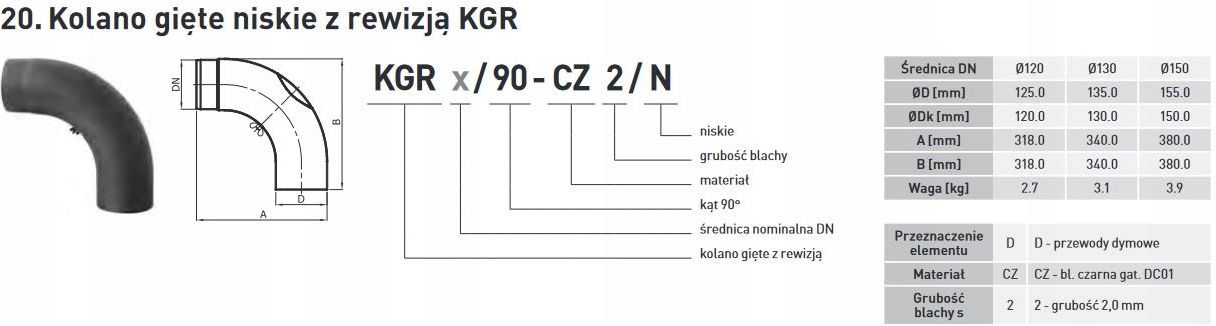 System kominkowy Darco Kolano Z Rewizją 90 130mm Niskie Gięte Szare