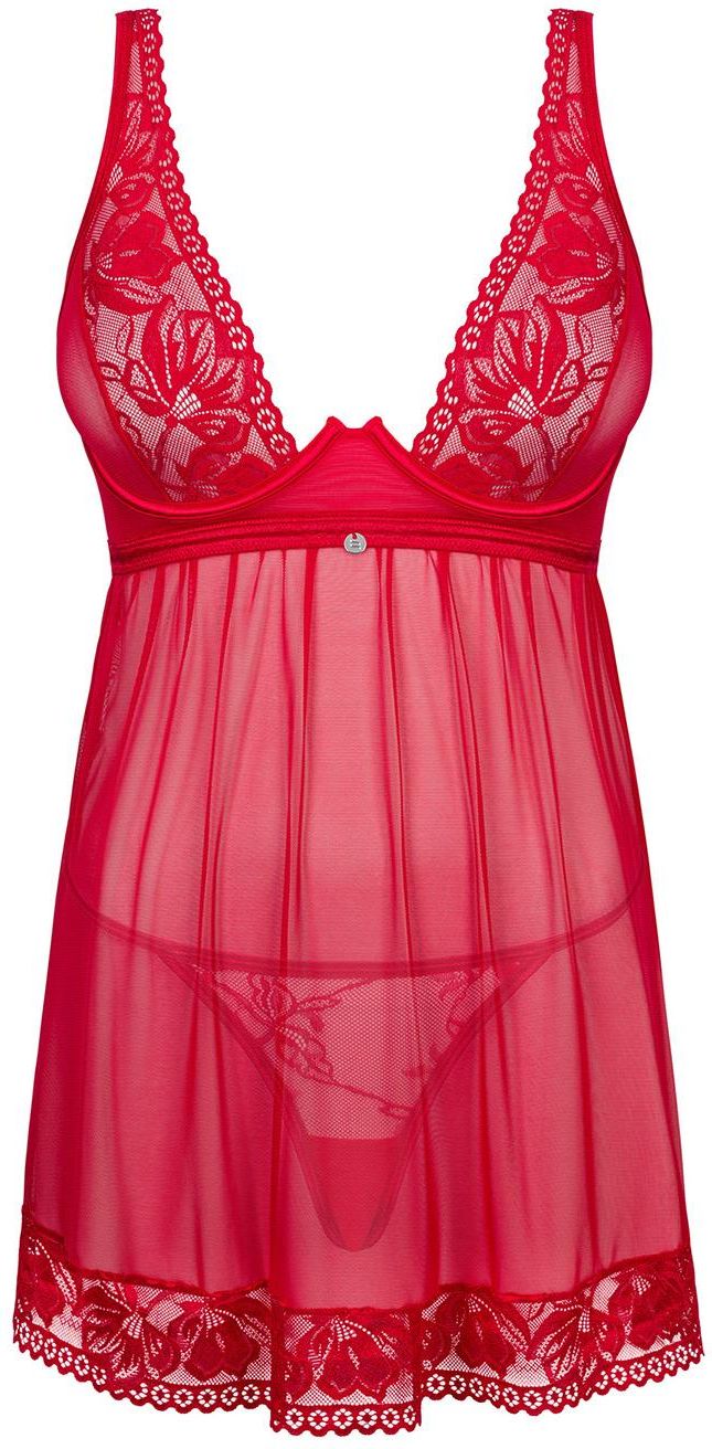 Nocna Komplet Koszulka Stringi Obsessive Lacelove Babydoll Czerwony