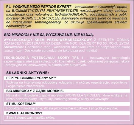 Yoskine Mezo Peptide Expert Wygładzający Krem Do Twarzy 50+ Na Dzień I Noc 50ml - zdjęcie 5