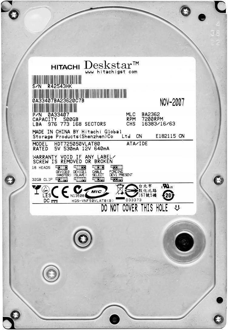 Dysk Twardy Hitachi Deskstar T7K500 500GB ATA133 HDT725050VLAT80