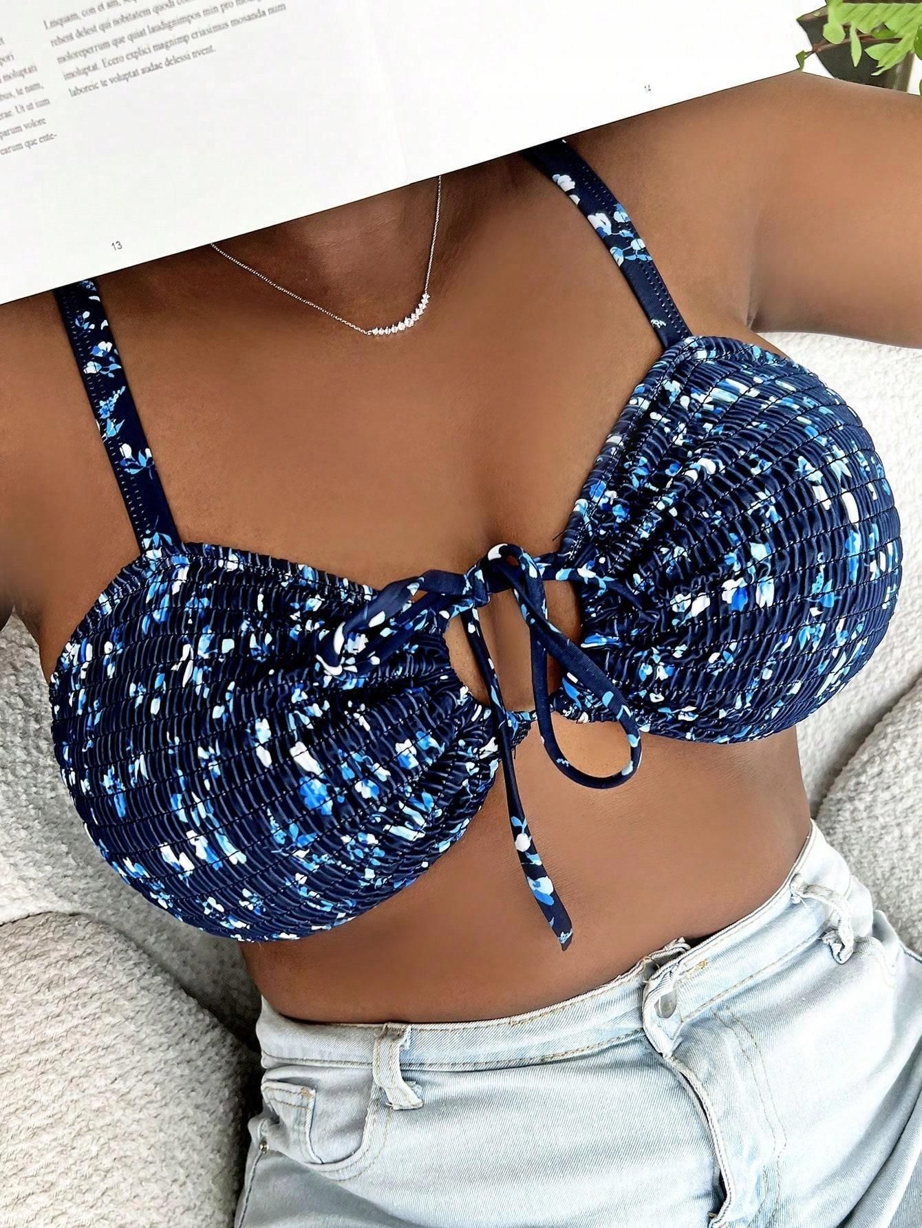 Top Marszczenie Wzór Kwiaty 7QL NF9 46 Shein Niebieska Góra Od Bikini