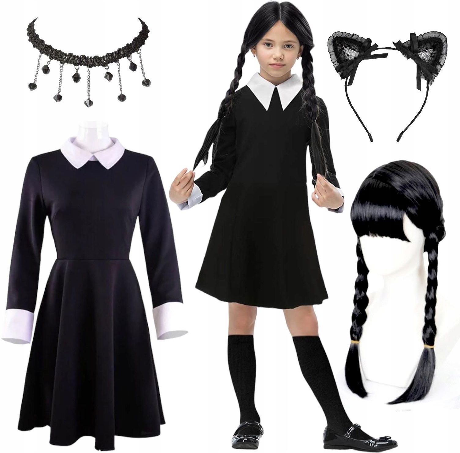 Del Sol Wednesday Addams Strój Sukienka Cosplay Przebranie Peruka