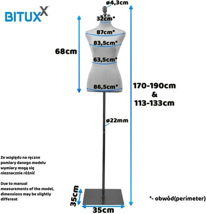 Bituxx Manekin Krawiecki Niebieski Do Sklepu Witryn Regulacja Wysokości Tors Bituxx - zdjęcie 4