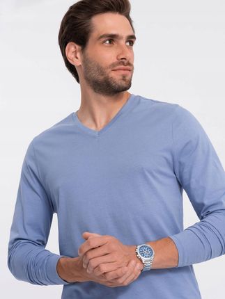 Koszulka męska Longsleeve bez nadruku V-neck jasnonieb V9 OM-LSBL-0108 L - zdjęcie 2