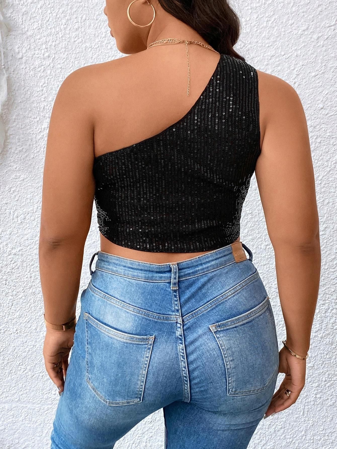 Top Cekiny Zdobienie Z Xxc Xxl Shein Asymetryczny Czarny Crop Ceny