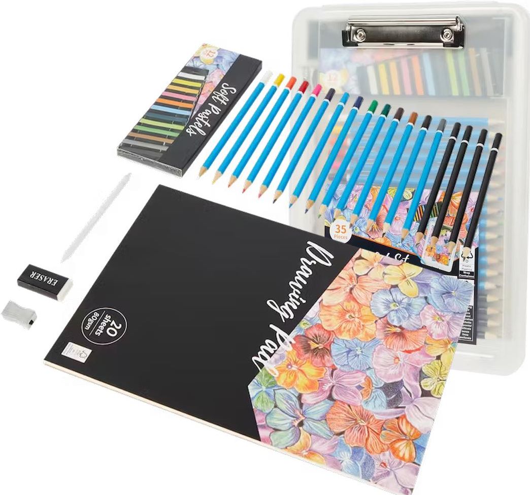 Zdjęcie Zestaw Do Rysowania W Pojemniku 35 Elementów Pastele Kredki Ołówki Pudełko - Nowe Brzesko