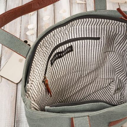 Torba damska na ramię shopper duża wegańska materiałowa pojemna szarozielony E-17-BU - zdjęcie 5