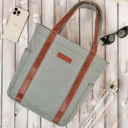 Torba damska na ramię shopper duża wegańska materiałowa pojemna szarozielony E-17-BU - zdjęcie 6