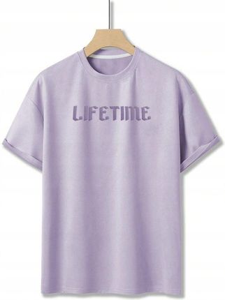 T-SHIRT MĘSKI ZAMSZOWY OVERSIZE Z NAPISAMI NADRUK FIOLETOWY CASUAL SHEIN S - zdjęcie 2