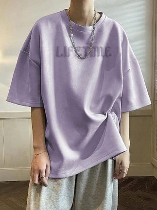T-SHIRT MĘSKI ZAMSZOWY OVERSIZE Z NAPISAMI NADRUK FIOLETOWY CASUAL SHEIN S - zdjęcie 6