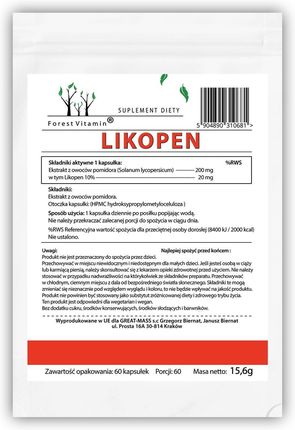 Forest Vitamin LIKOPEN LYCOPENE PROSTATA SERCE MOCNY 60kaps 20mg - zdjęcie 6