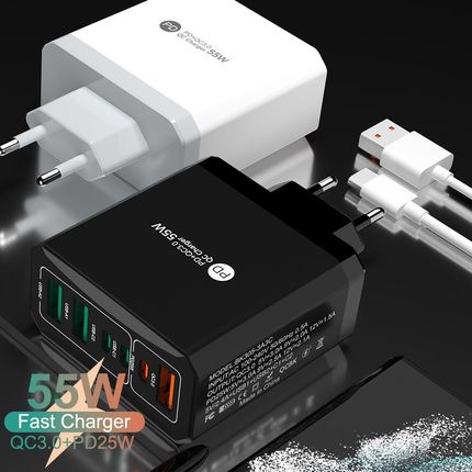 MOCNA SZYBKA UNIWERSALNA ŁADOWARKA SIECIOWA 55W PD+QC 3.0 USB X 3, USB-C x3 CZARNA - zdjęcie 4