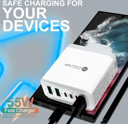 MOCNA SZYBKA UNIWERSALNA ŁADOWARKA SIECIOWA 55W PD+QC 3.0 USB X 3, USB-C x3 CZARNA - zdjęcie 3