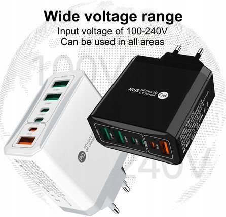 MOCNA SZYBKA UNIWERSALNA ŁADOWARKA SIECIOWA 55W PD+QC 3.0 USB X 3, USB-C x3 CZARNA - zdjęcie 2