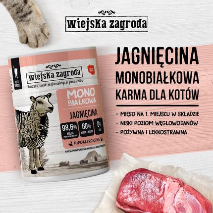 Wiejska Zagroda Monobiałkowa Karma Mokra Dla Kota Jagnięcina 98,6% Mięsa 24X400G - zdjęcie 3