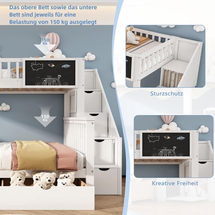 Flieks Łóżko Piętrowe 90X200/140X200Cm Z 2 Szufladami Dla Dzieci Ze Schodami I Deską Drewniane Podwójne Dzie - zdjęcie 2