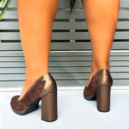 Skórzane czółenka na platformie - LAURA MESSI 2702 BRĄZOWE - zdjęcie 3