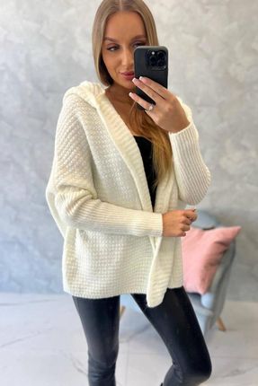 Sweter z kapturem i rękawami typu nietoperz ecru - zdjęcie 3