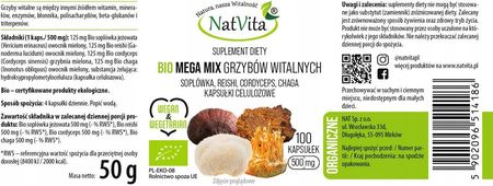 NatVita Grzyby Witalne BIO MEGAMIX 100kaps Reishi Cordyceps Chaga Hericium - zdjęcie 2