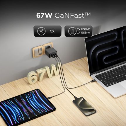 DEKO Ładowarka USB-C GaNFast Uniwersalna 3x USB 67W 65W Typ C + Kabel USB-C 100W - zdjęcie 6