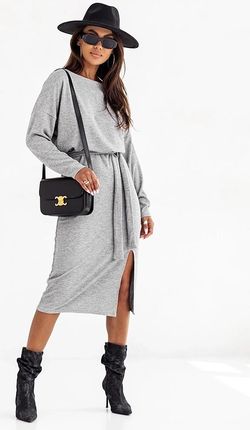 Elegancka sukienka midi z paskiem szara (82137) - zdjęcie 2