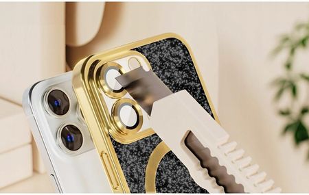 Bou Etui Brokatowe Do Iphone 16 Pro Max Case Do Magsafe Brokat Czarno-Złote 2W1 - zdjęcie 3