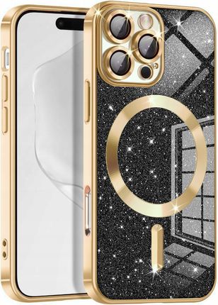 Bou Etui Brokatowe Do Iphone 16 Pro Max Case Do Magsafe Brokat Czarno-Złote 2W1 - zdjęcie 4