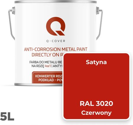 Q-Cover Farba Do Metalu Na Rdzę Żeliwne Ocynk Blachę Czerwony Ral3020 Satyna 5L - zdjęcie 3
