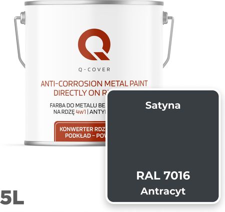 Q-Cover Farba Do Metalu Na Rdzę Ocynk Blachę Stal Antracyt Ral 7016 Satyna 5L - zdjęcie 5