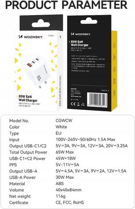Wozinsky Ładowarka Sieciowa Gan Cgwcw 65W Usb-A / 2 X Usb-C - Biała - zdjęcie 6