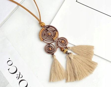 Naszyjnik na rzemyku frędzle Damski długi retro folk Vintage boho pompon - zdjęcie 3