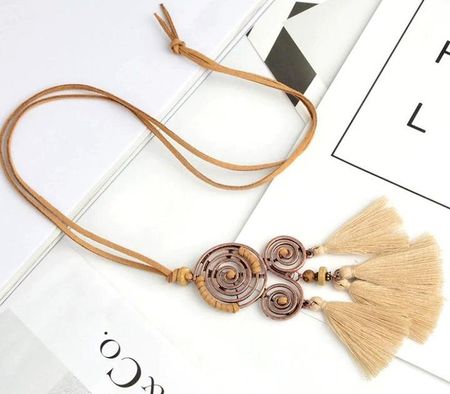 Naszyjnik na rzemyku frędzle Damski długi retro folk Vintage boho pompon - zdjęcie 5