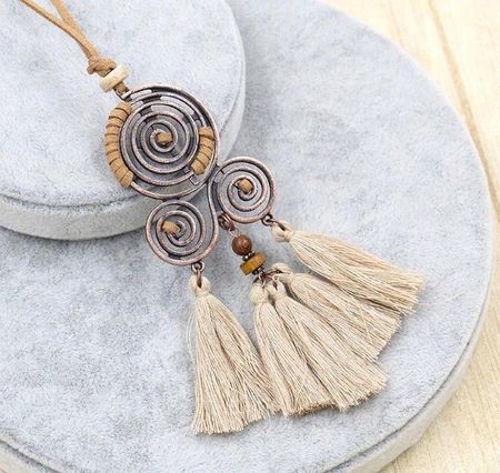 Naszyjnik na rzemyku frędzle Damski długi retro folk Vintage boho pompon - zdjęcie 6
